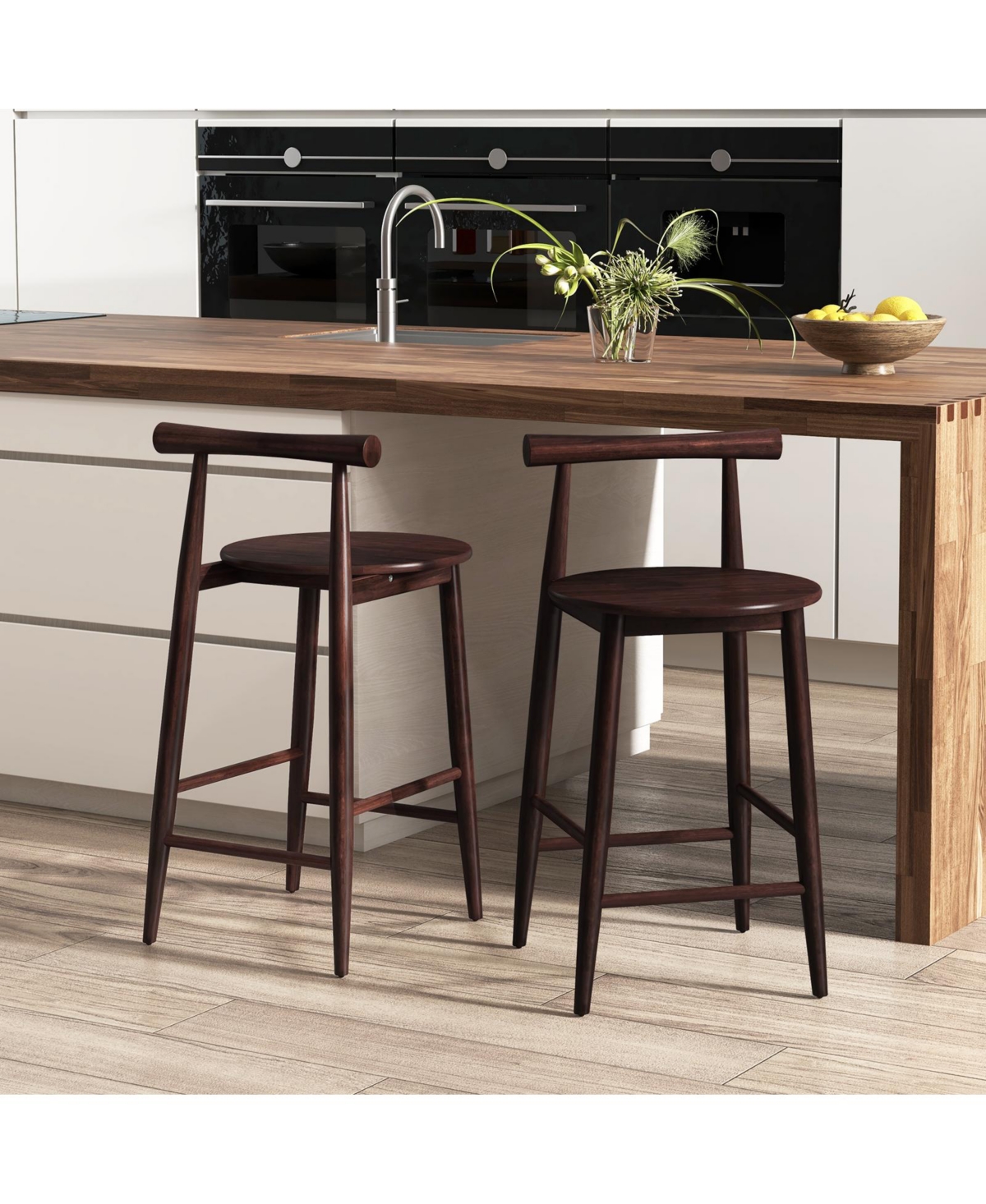 Set of 2 Counter Height Bar Chairs with Acacia Wood Frame and Footrest Support