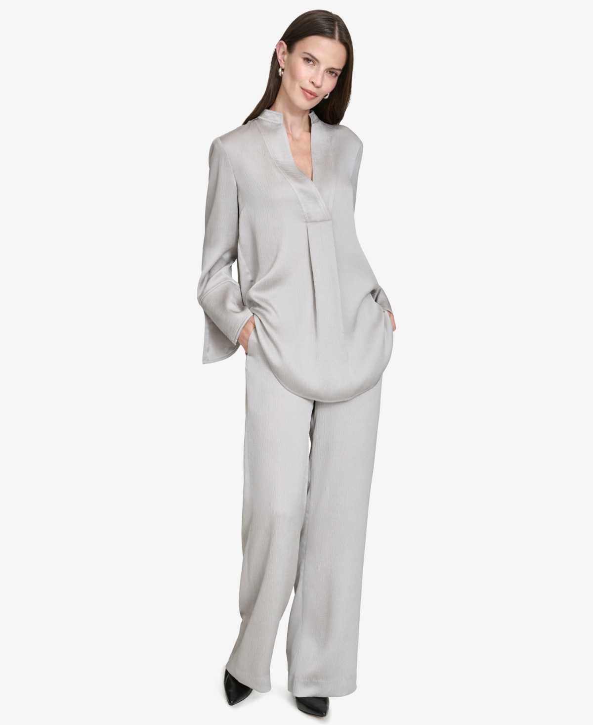 Halston Women's Band-Collar V-Neck Long-Sleeve Tunic