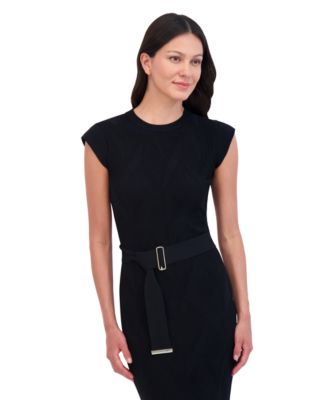 Vince Camuto Petite Round-Neck Belted Short-Sleeve  Dress 