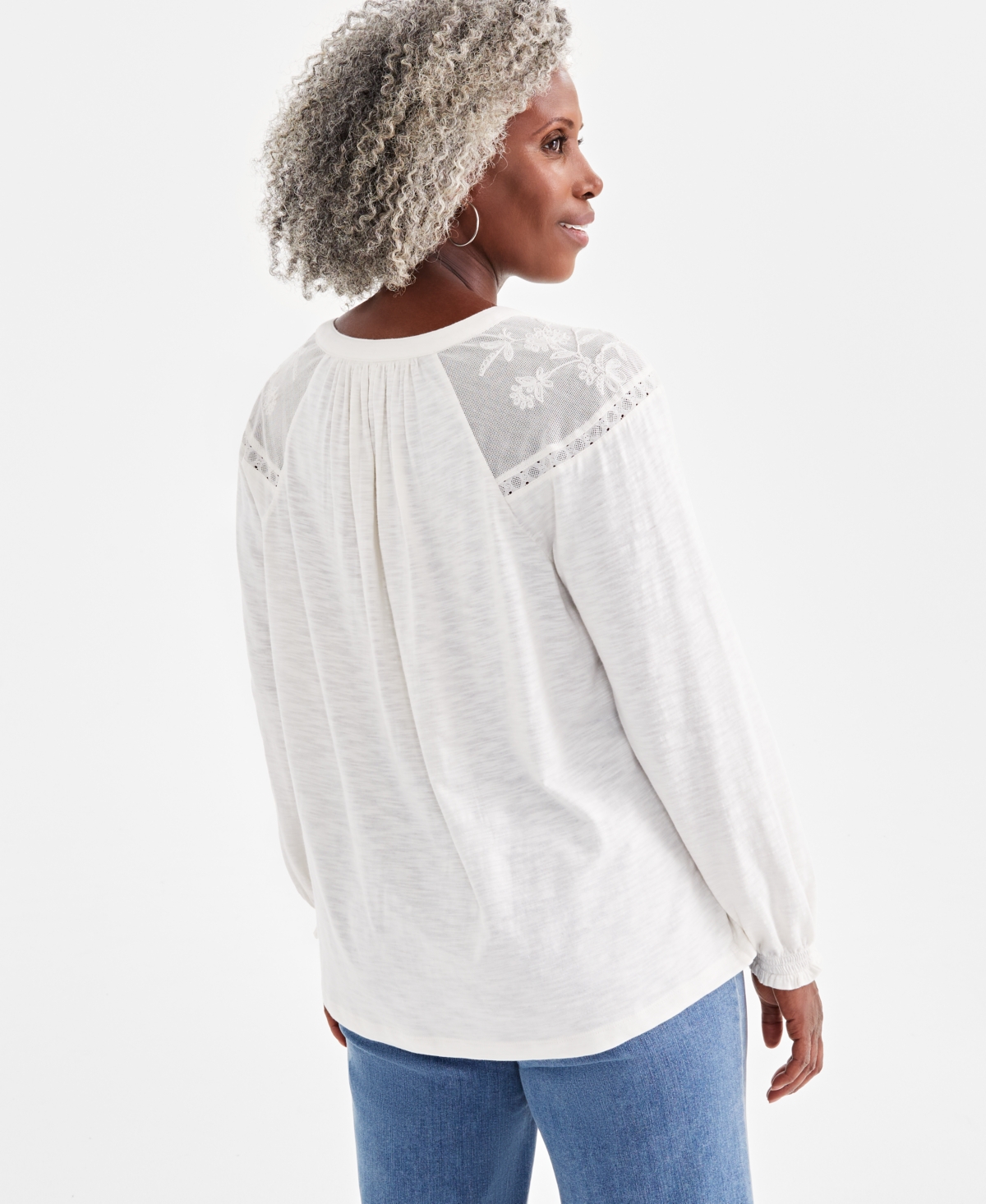 Style & Co Women's Lace-Trim Embroidered Top, Created for Macy's