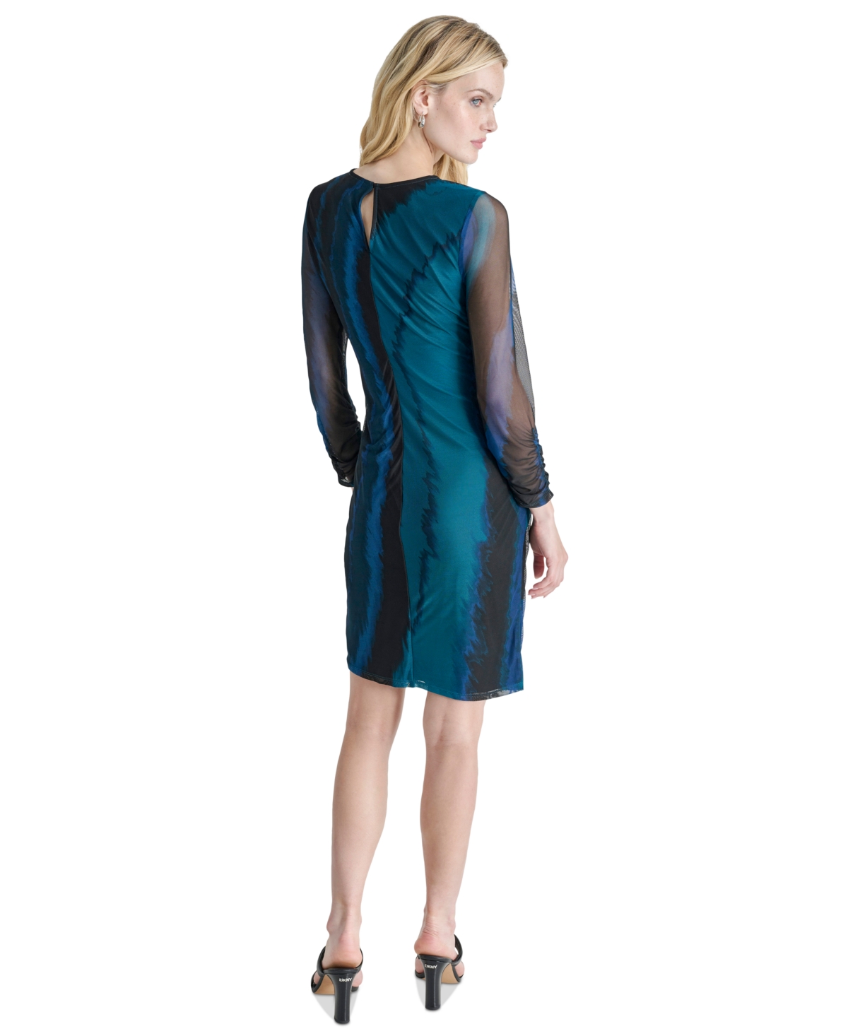 Dkny Women's Round-Neck Ruched Long-Sleeve Mesh Dress