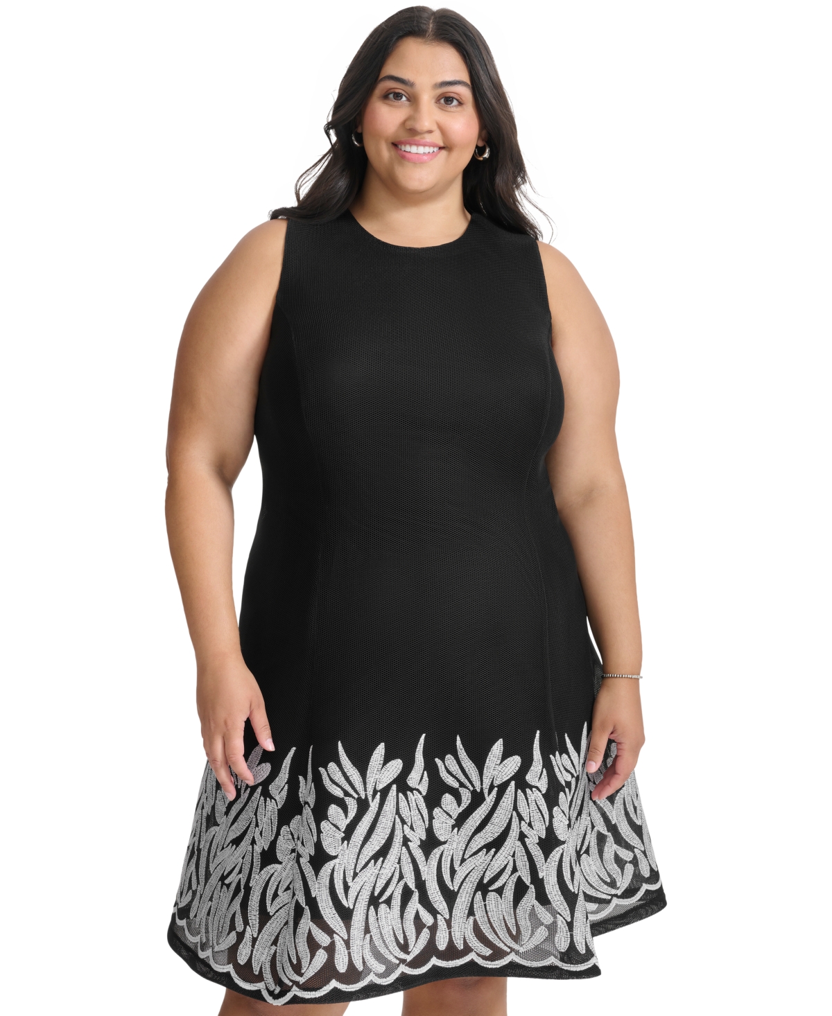 Dkny Plus Size Round-Neck Embroidered-Hem Fit & Flare Dress -Ivory