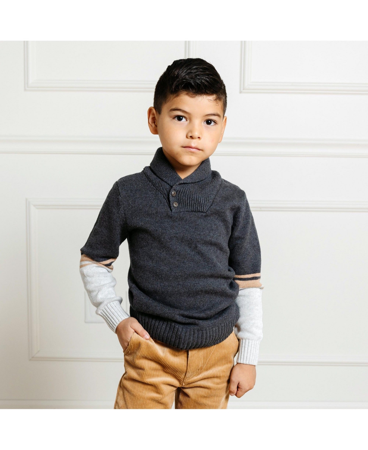 Hope & Henry Boys Organic Long Sleeve Striped Shawl Collar Sweater