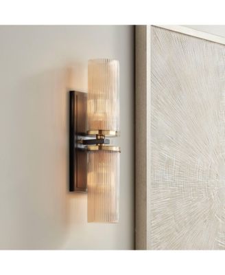 Modern Wall Light Sconce Black Brass Hardwired 4 1/4" 2-Light Fixture Ribbed Champagne Glass Shade for Bedroom Bathroom Vanity Living Room