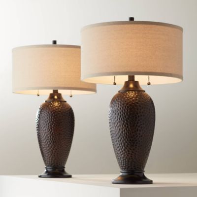 Cody Rustic Farmhouse Table Lamps 26" High Set of 2 Hammered Oiled Bronze Oatmeal Linen Drum Shade for Bedroom Living Room Bedside House