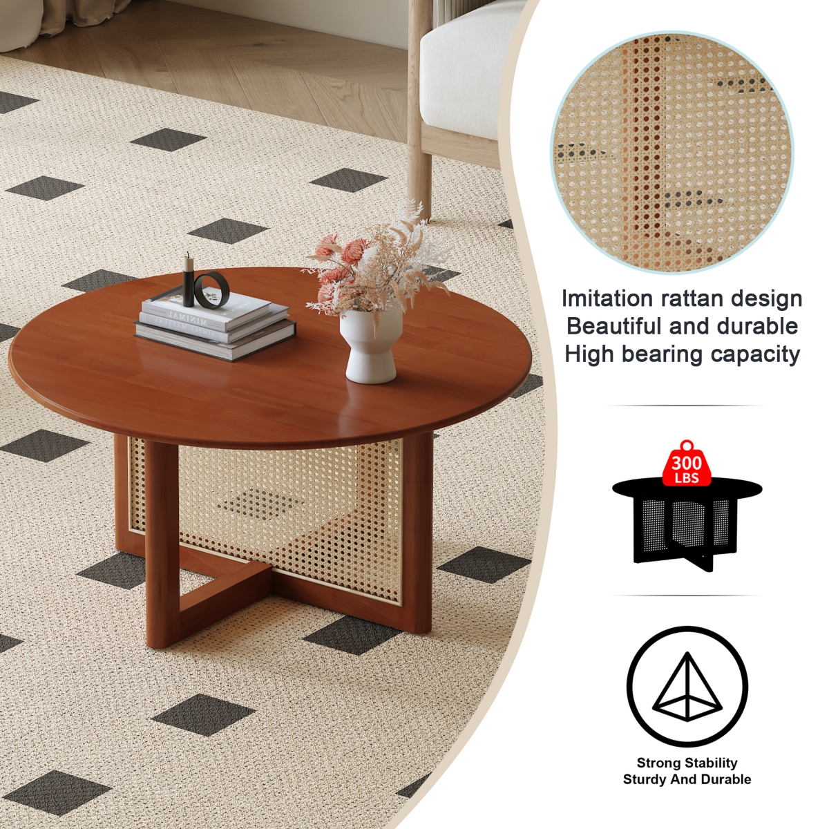 Streamdale Furniture Rustic-Modern Wood & Rattan Coffee Table for Nature-Inspired Living