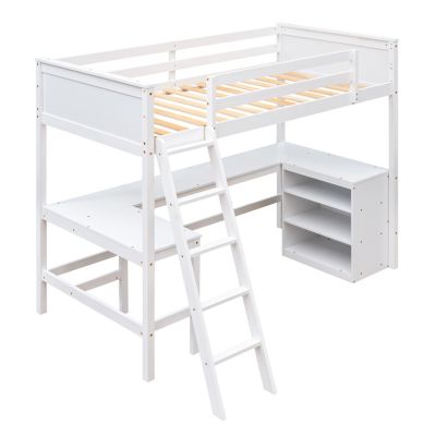 Twin Size Loft Bed With Shelves And Desk, Wooden Loft Bed With Desk