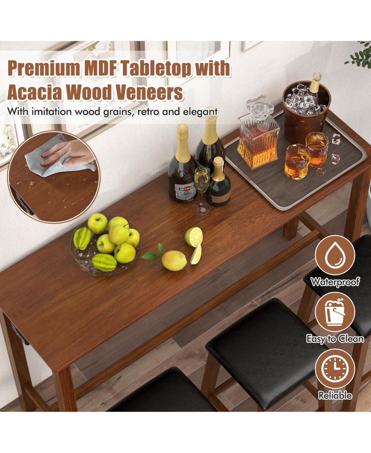 Slickblue 4-Piece Bar Table Set Counter-Height Table and 3 Pvc Leather Upholstered Bar Stools-Brown - Walnut and Brown