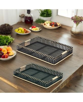 Woven Wicker Trays With Rattan Handle Accent (Set of 2)