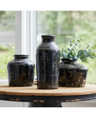 Distressed Black Ceramic Vase With Ivory Accent 17.5"h