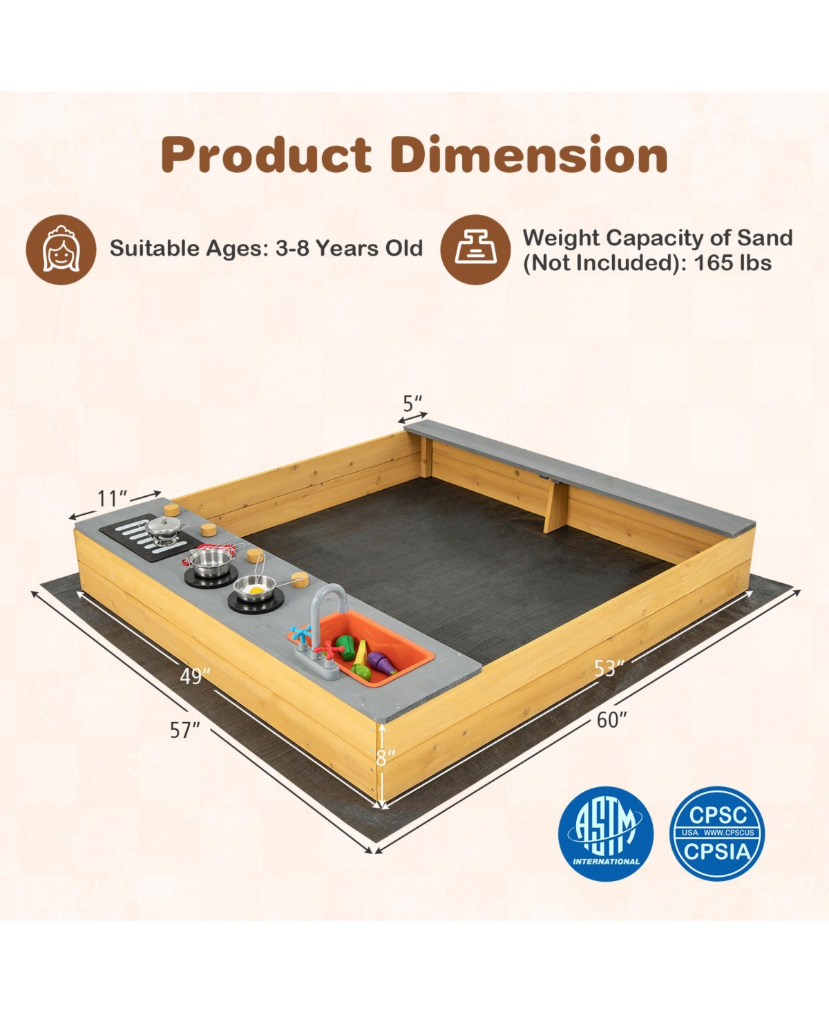 Slickblue Wooden Sandbox Kids Sand Pit with Kitchen Playset Accessories for 3-8 Years Old