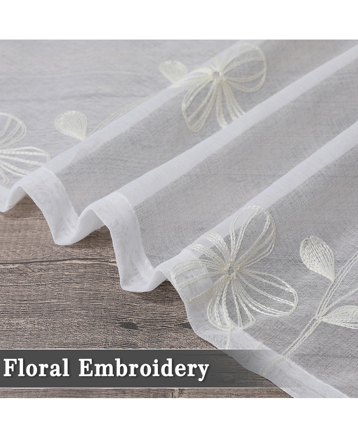 Caromio Floral Embroidered Voile Sheer Kitchen Valance Curtain, 52