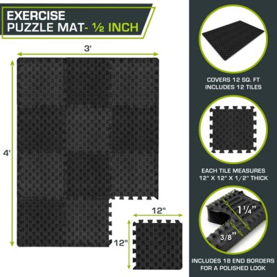 Checkered Puzzle Exercise Mat 12 x 12 1/2-in, Black, 12 Sq Ft - 12 Tiles