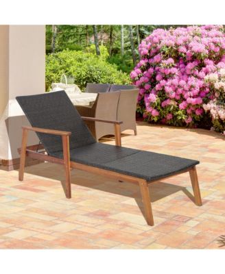 2PCS Adjustable Patio Rattan Lounge Chair Recliner Outdoor Chaise Acacia Wood Frame