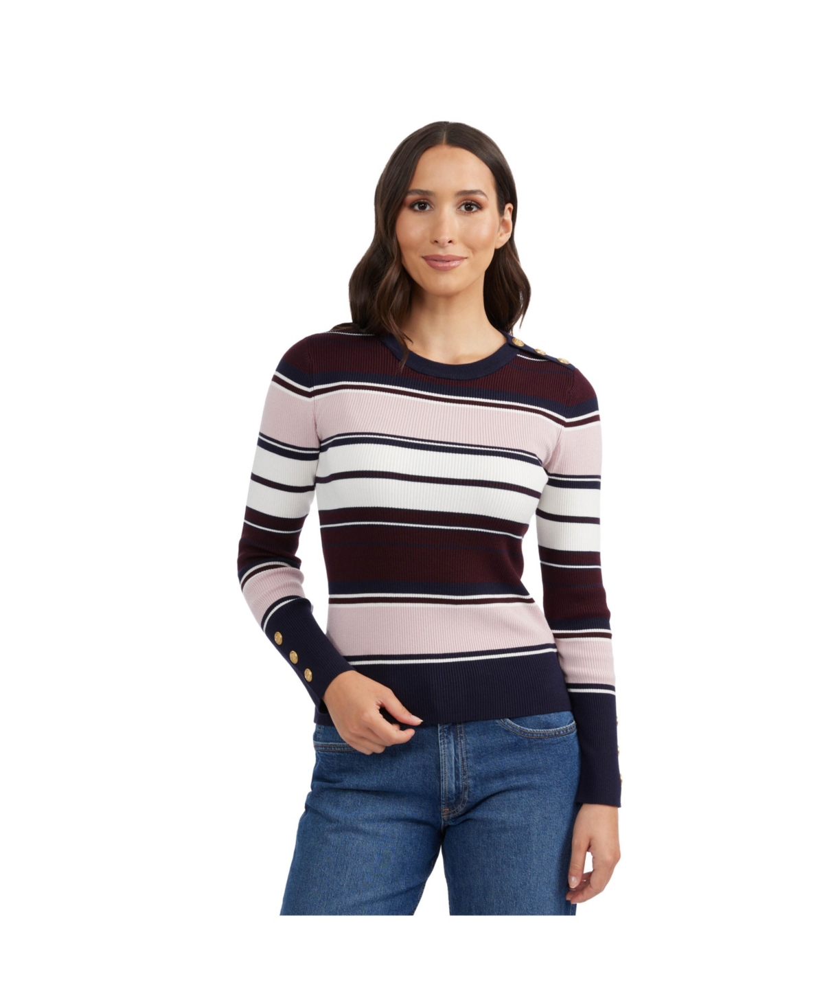 Women's Crew Neck Rib Sweater with Button Detail - Winetasting multi stripe
