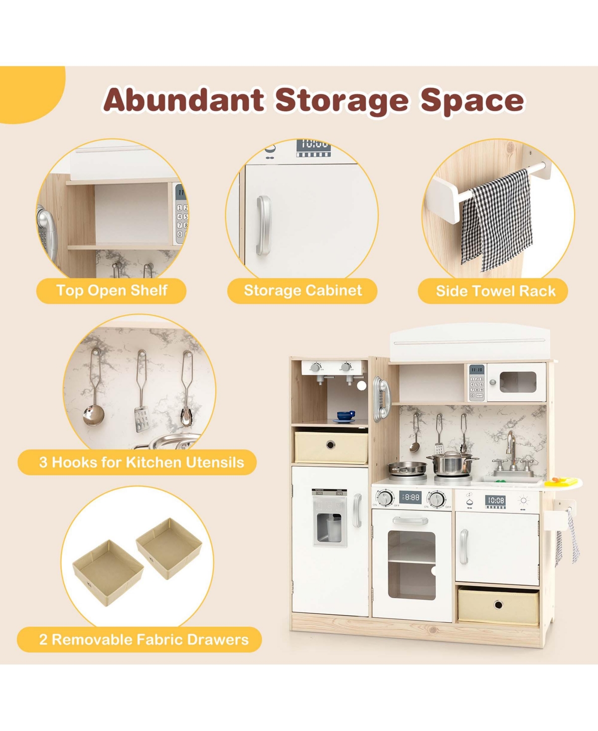 Costway Kids Pretend Play Kitchen Wooden Toy Playset with Led Lighting & Coffee Maker