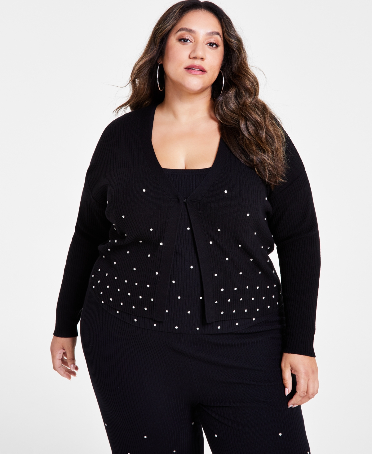 Nina Parker Trendy Plus Size Embellished Rib-Knit Cardigan