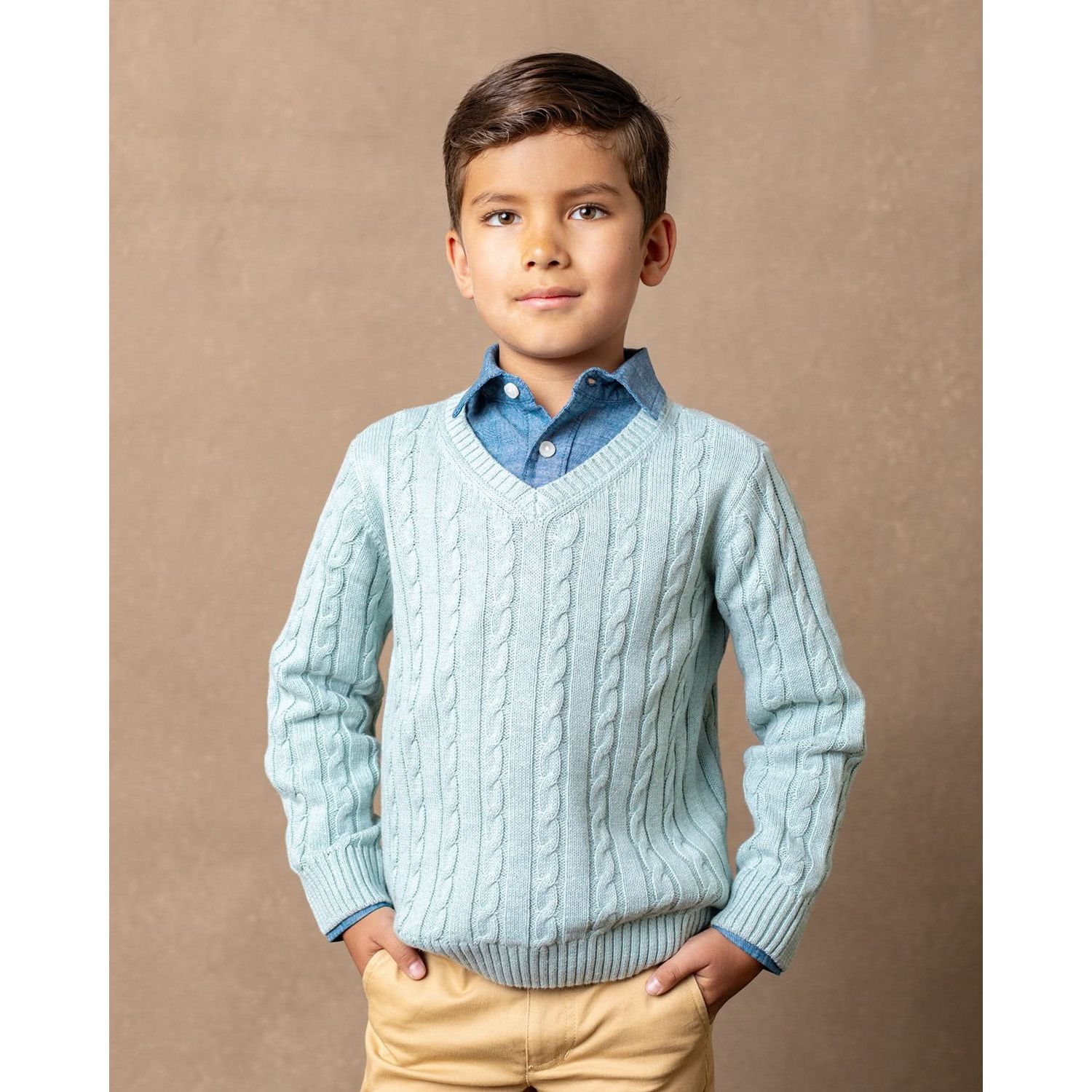 Hope and Henry Little and Big Boys' Organic Long Sleeve Fine Gauge Cable V-Neck Sweater