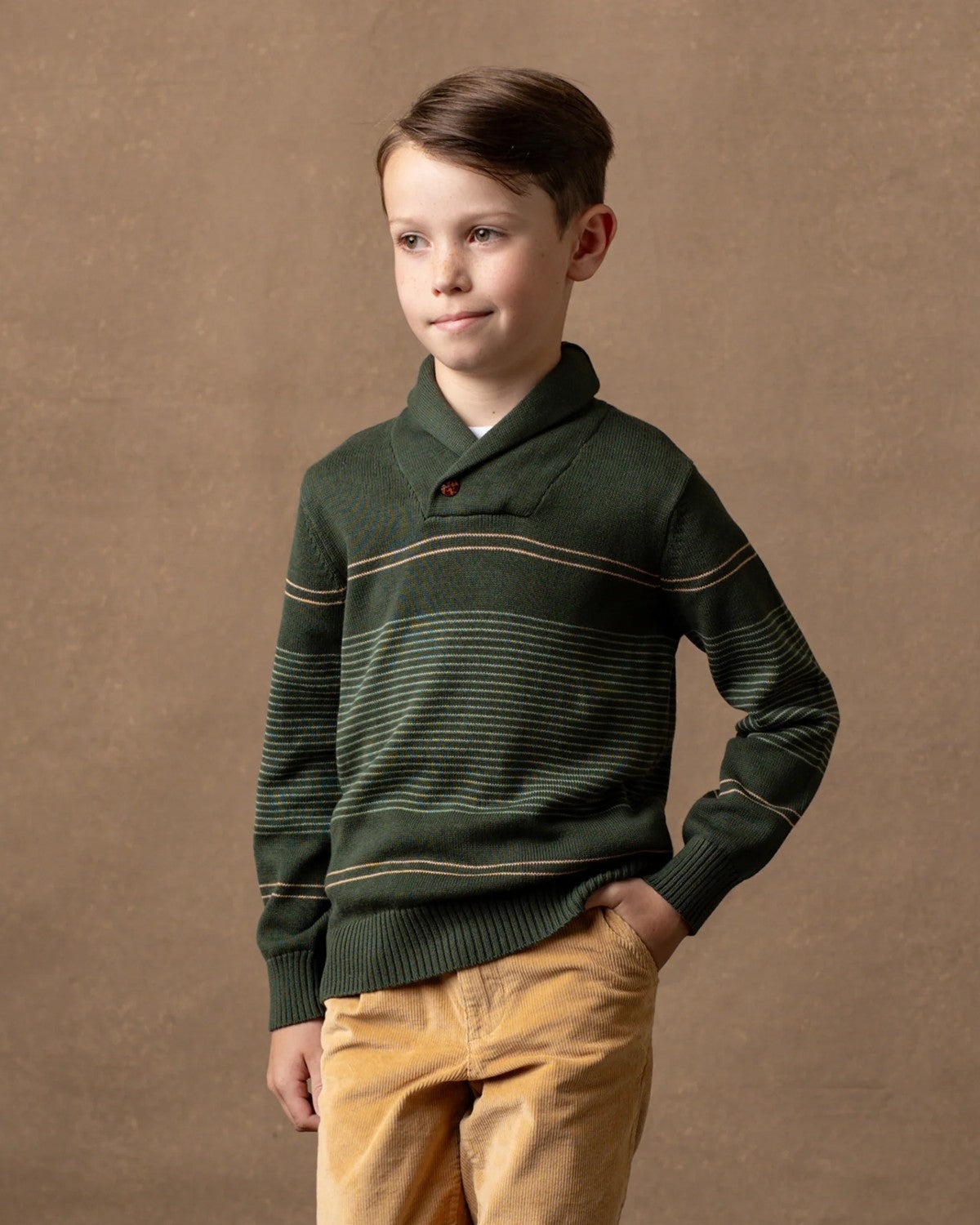 Hope & Henry Boys Organic Long Sleeve Striped Shawl Collar Sweater with Engineered Stripe - Pine and sage stripe