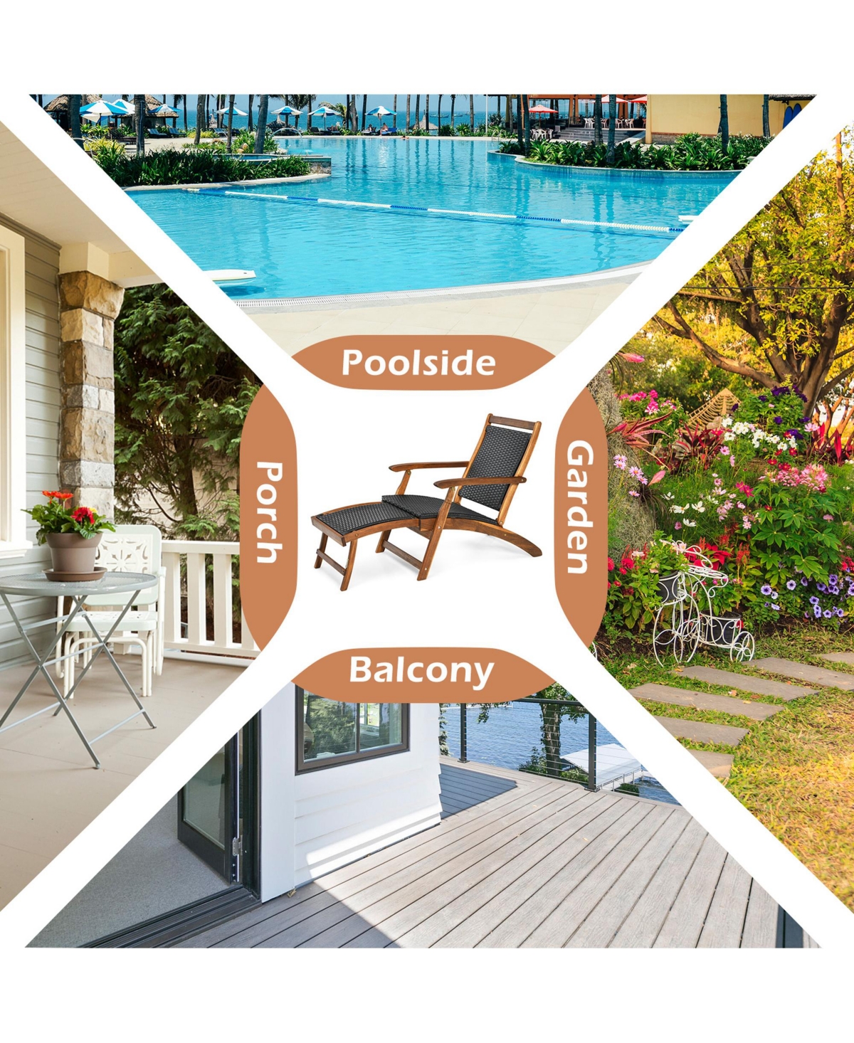 Gymax Folding Patio Acacia Wood Deck Chair Rattan Chaise Lounge Chair w/ Footrest