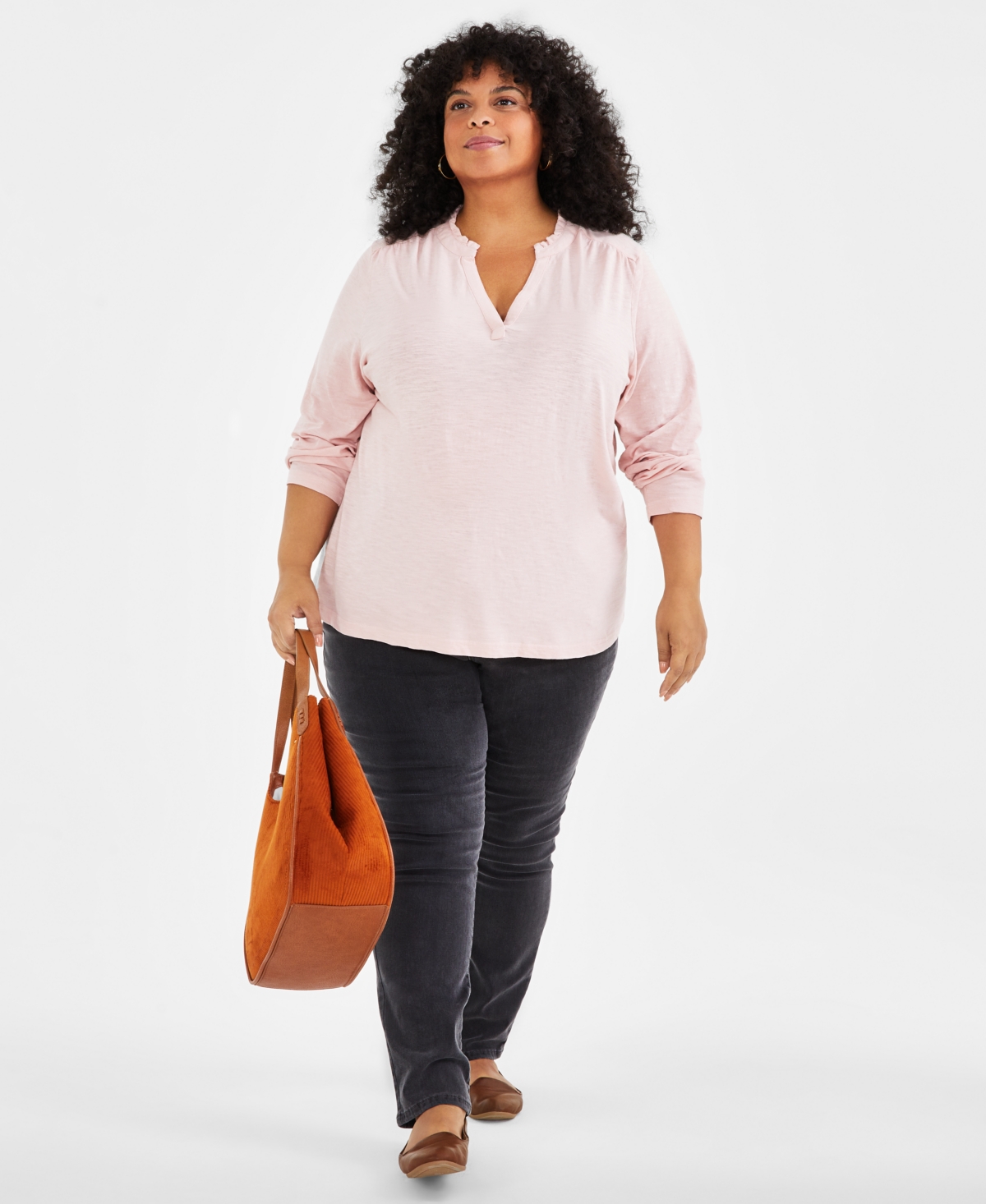 Style & Co Plus Size Cotton Solid Ruffle-Collar Popover Top, Created for Style & Co