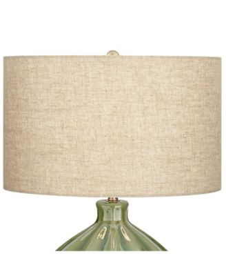 Modern Table Lamp with USB Charging Port 20.5" High Green Ribbed Ceramic Oatmeal Fabric Drum Shade for Bedroom Desk (Color May Vary)