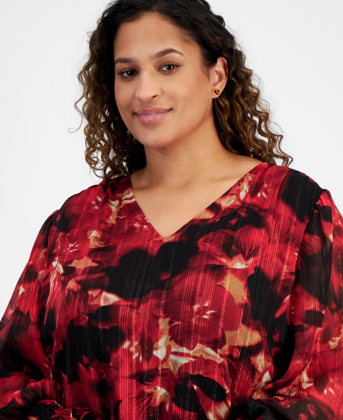 Anne Klein Plus Size Long-Sleeve Smocked-Cuff Top