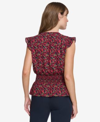 Women's Printed Smocked Cap-Sleeve Top