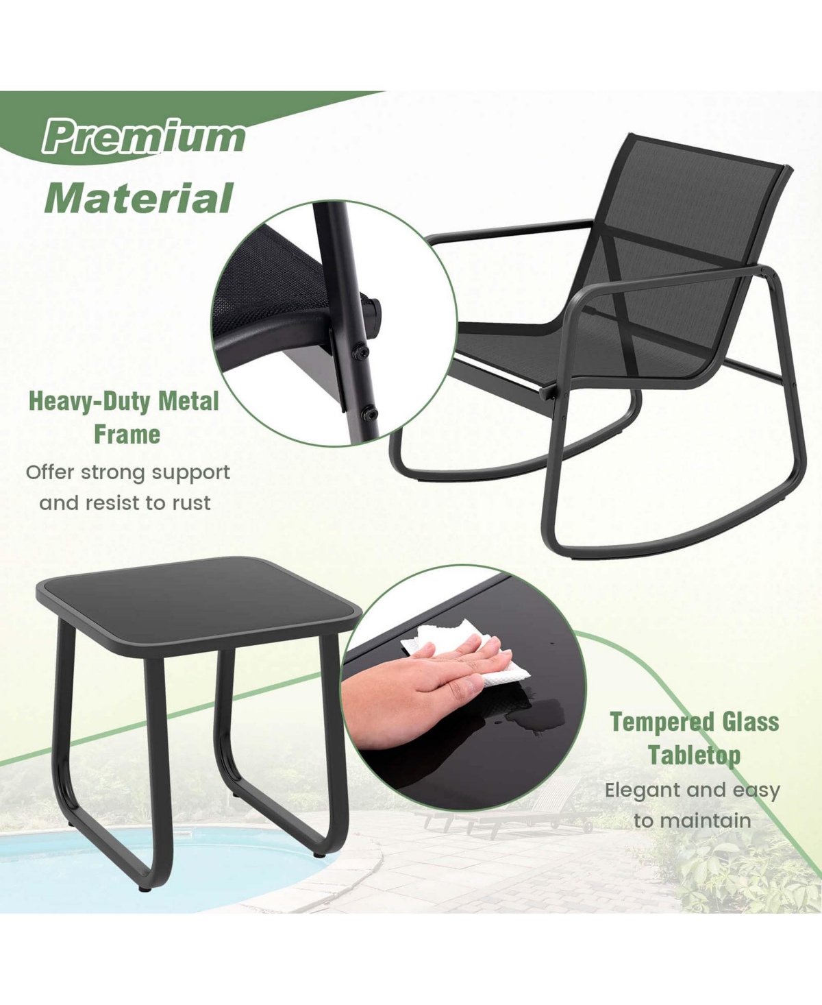 Costway 3 Piece Patio Rocking Set 2 Rocking Bistro Chairs & Glass-Top Table for Porch