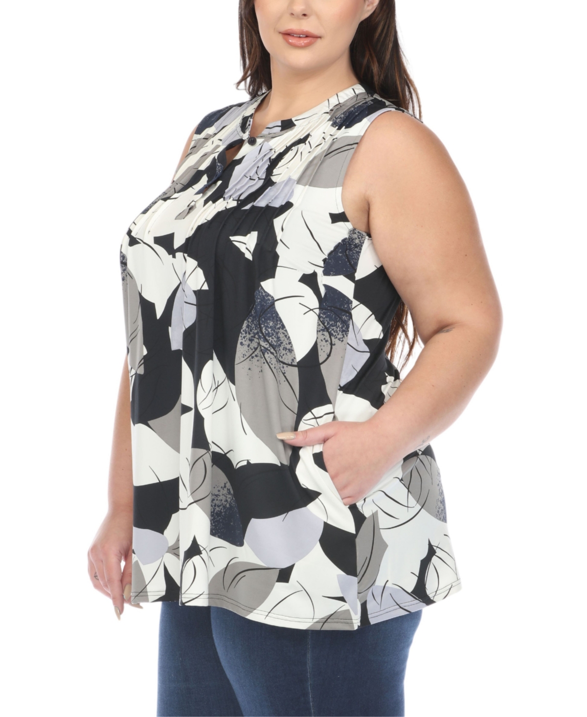 WHITE MARK PLUS SIZE PLEATED FRONT SLEEVELESS TUNIC TOP 