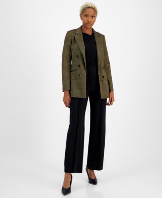 Womens Plaid Open Front Faux Double Breasted Blazer Asymmetric Neck Long Sleeve Top High Rise Wide Leg Pants Created For Macys