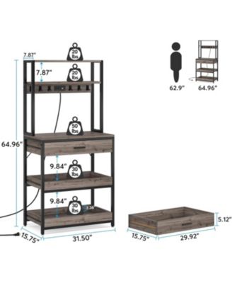 Bakers Rack with Power Outlets, 5-Tier Kitchen Storage Shelf, Microwave Oven Stand with Drawer, Kitchen Rack with 6 Hooks