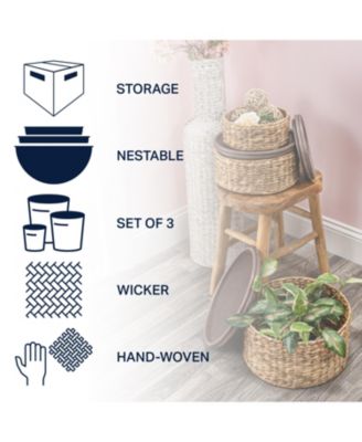 Gouda Southwestern Hand-Woven Hyacinth Circular Nesting Baskets with Wood Lids, Natural (Set of 3)