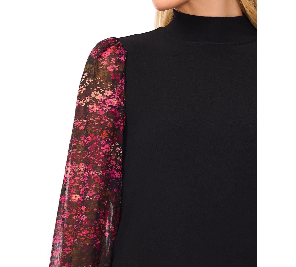 CeCe Women's Sheer Floral Long-Sleeve Mock Neck Top