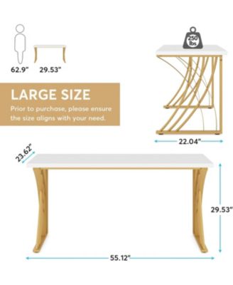 55   Large Modern Computer Desk, White & Gold Luxury Laptop PC Student Table, Makeup Vanity Table, Sturdy Writing Workstation