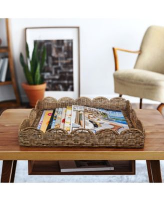 Jonathan Y Scalloped Southwestern Cottage Hand-Woven Rattan Tray with Handles