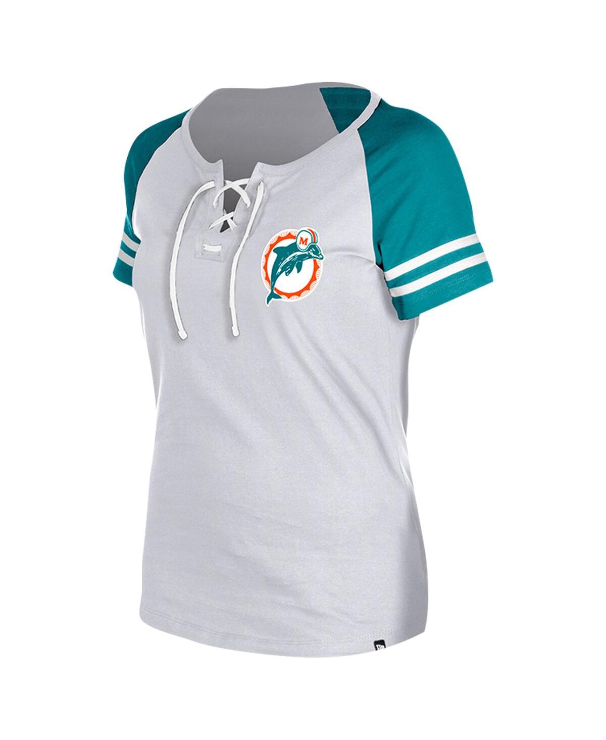 NEW ERA WOMEN'S GRAY MIAMI DOLPHINS THROWBACK LACE-UP RAGLAN T-SHIRT 