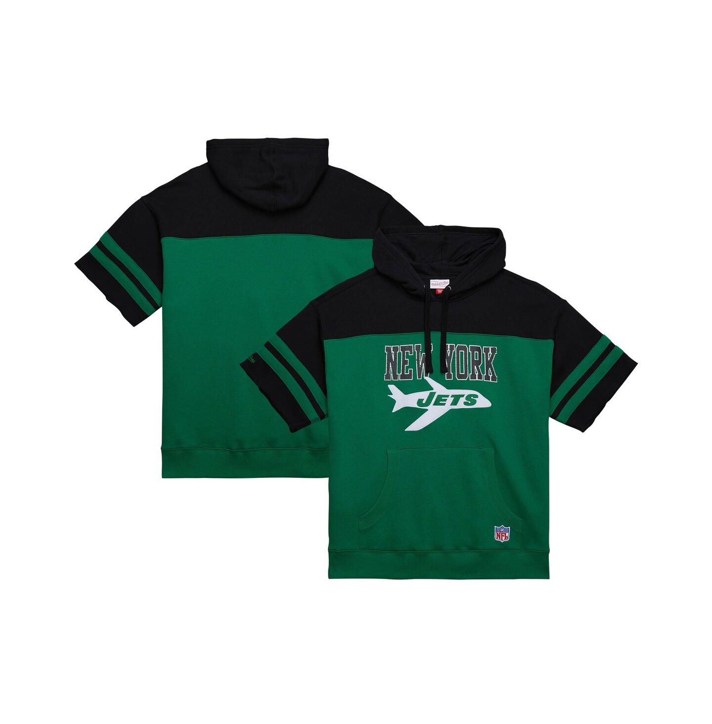 Мужское худи Mitchell & Ness Kelly-Green New York Jets Off Field Vintage-like Logo Short Sleeve Pullover — фото 1