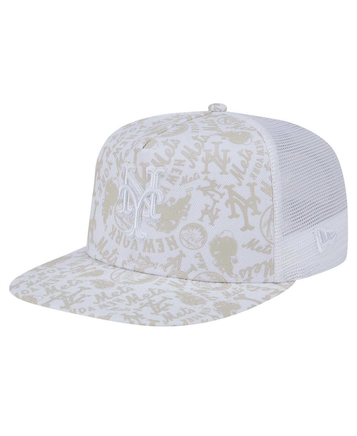 New Era Men's White New York Mets Logo Dunes A-frame Trucker 9fifty Snapback Hat In White