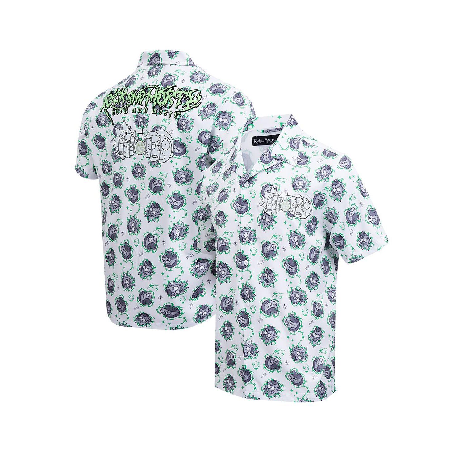 Men's White Rick and Morty 90's Rave Rickvival Showing Brain Button-Up Shirt