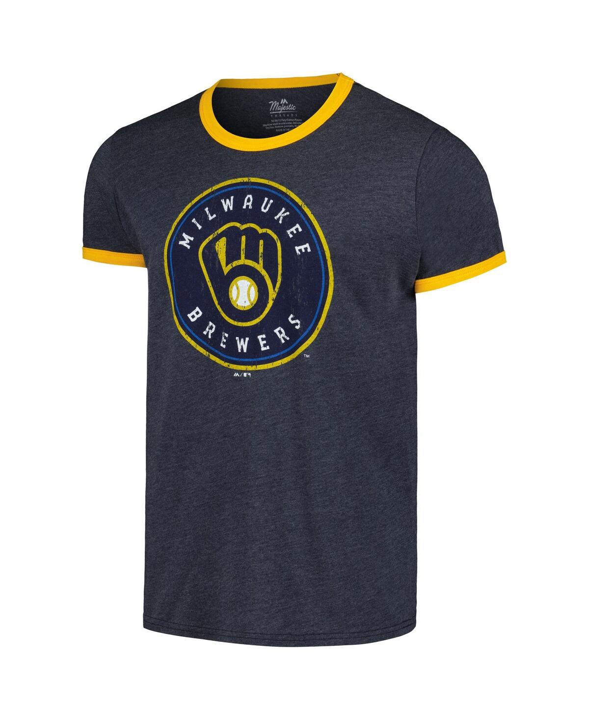 Majestic Men'sMilwaukee Brewers Ringer Tri-Blend T-Shirt - Navy, Yellow