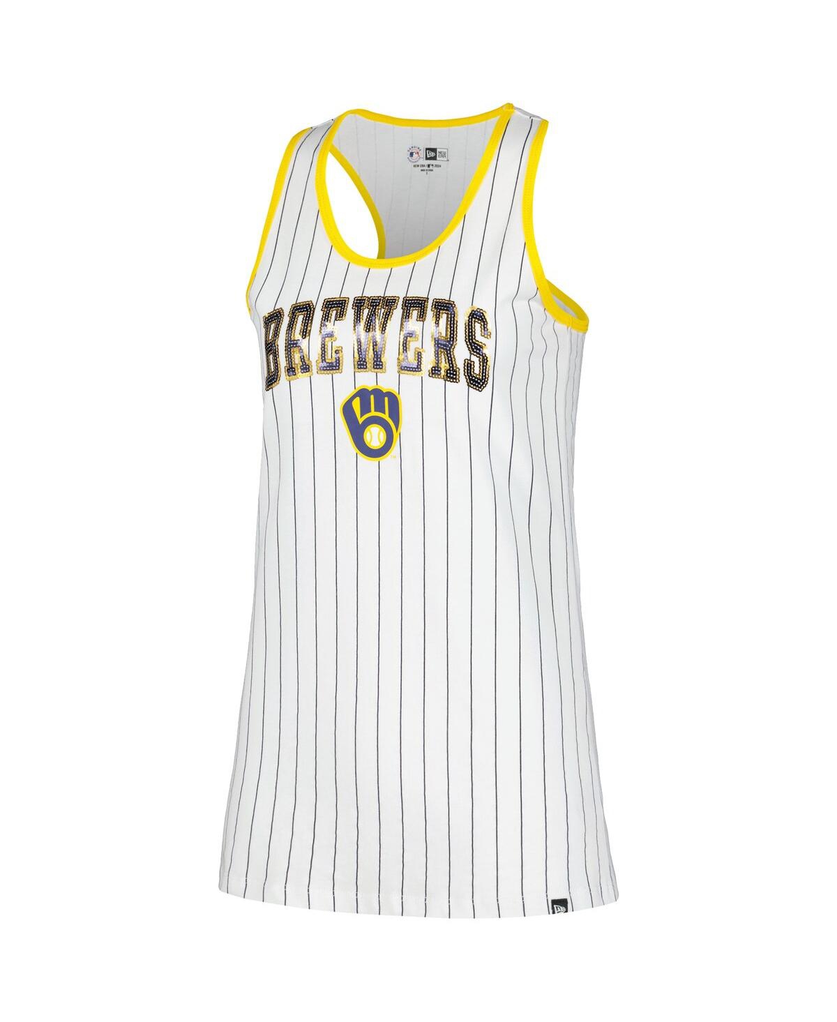 NEW ERA WOMEN'S WHITE MILWAUKEE BREWERS SEQUIN PINSTRIPE RACERBACK TANK TOP 