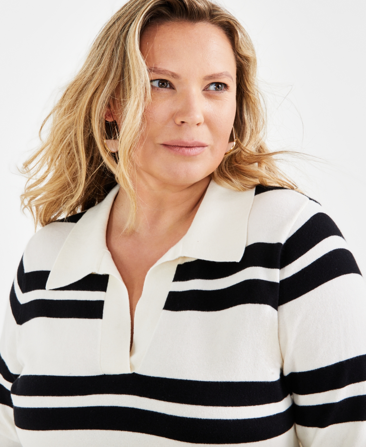 Style & Co Plus Size Striped Johnny-Collar Pullover Sweater, Created for Macy's