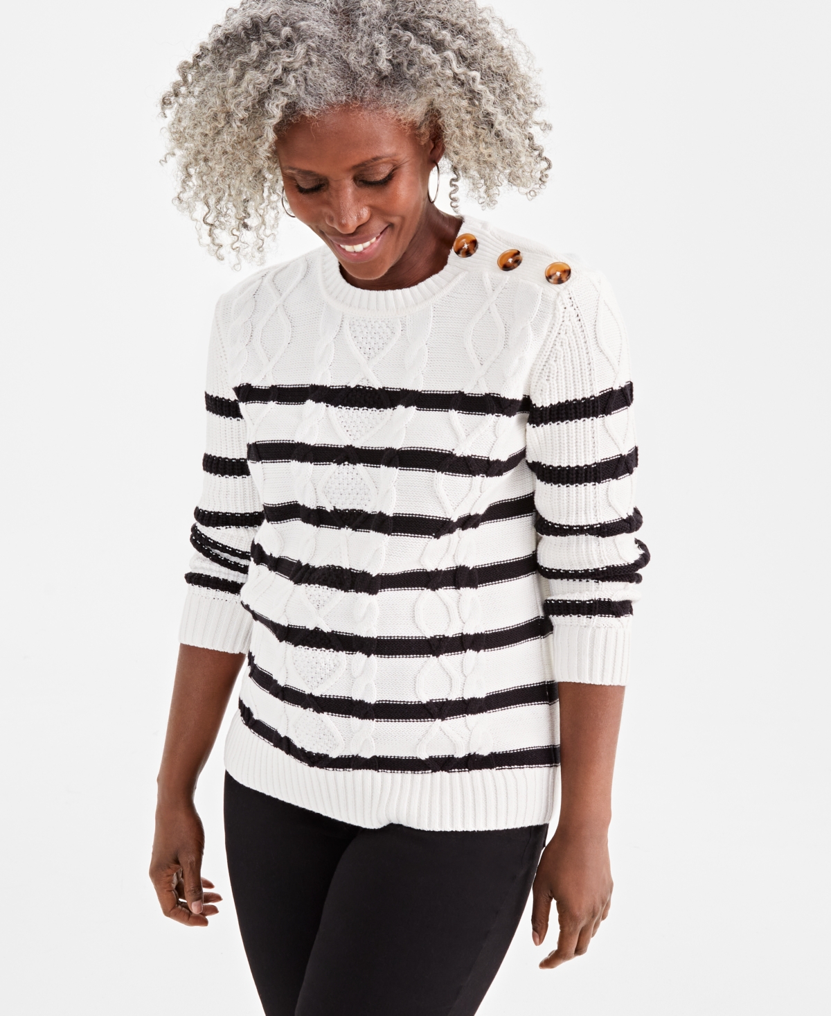 Style & Co Women's Striped Cable-knit Button-shoulder Sweater, Created For Macy's In Country Natural