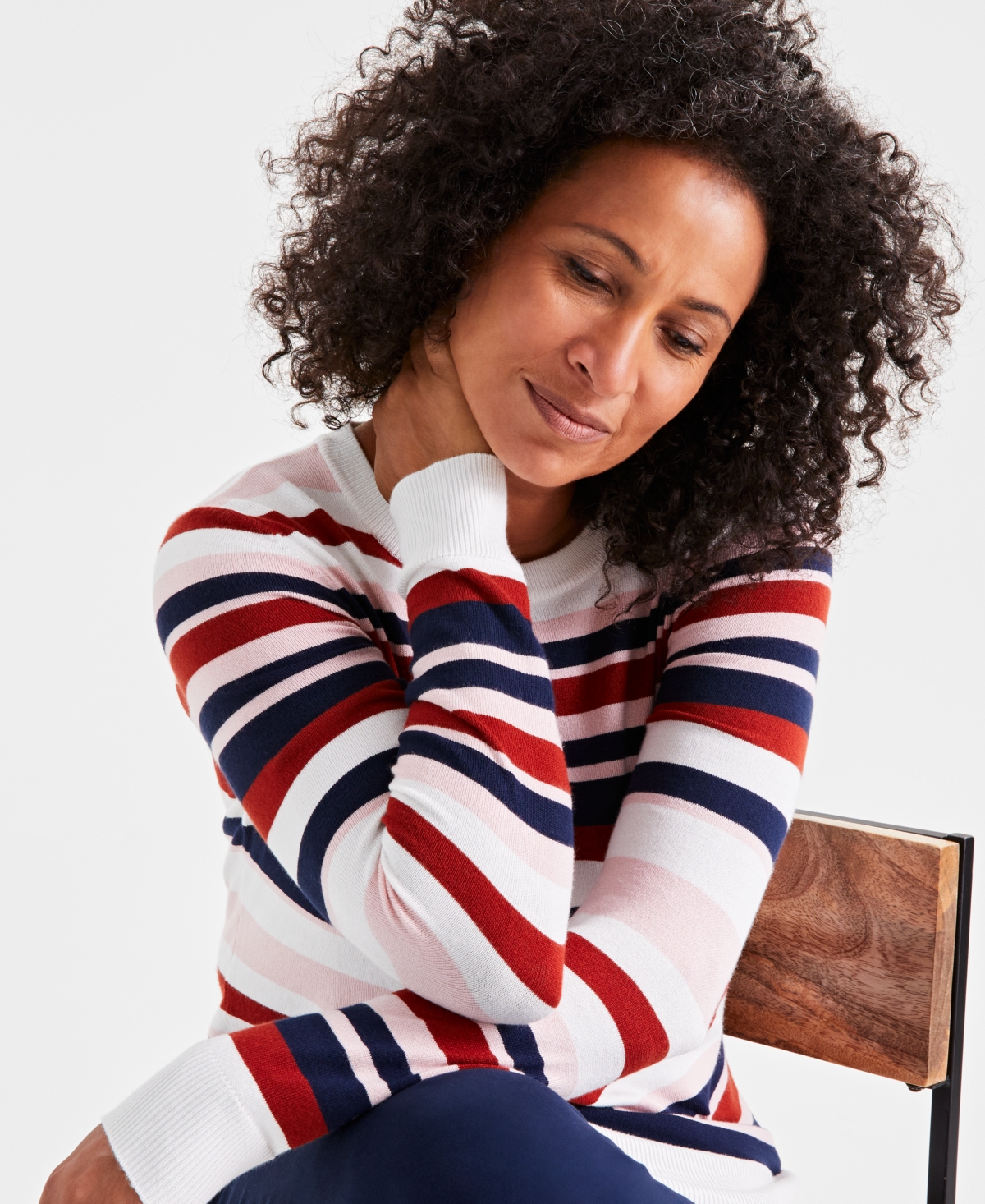 Style & Co Petite Striped Crewneck Pullover Sweater, Created for Macy's