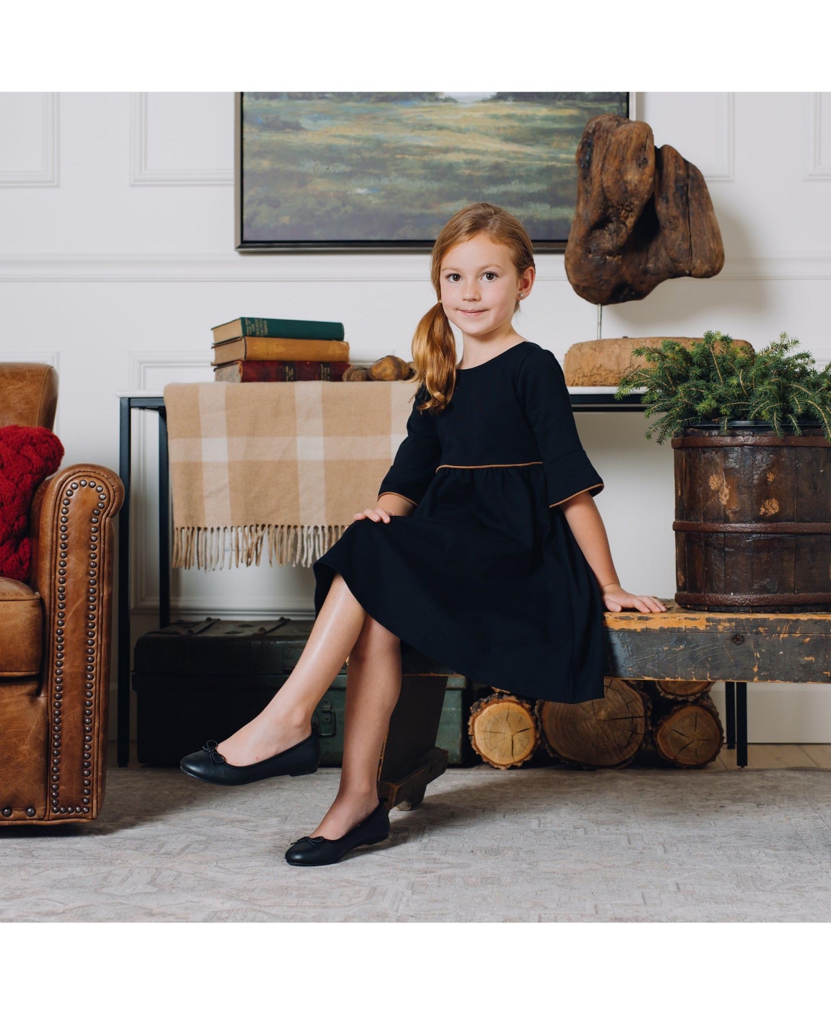 Hope & Henry Little Girls Ruffle Sleeve Ponte Dress with Suede Detail Created for Macy's - Black with suede piping