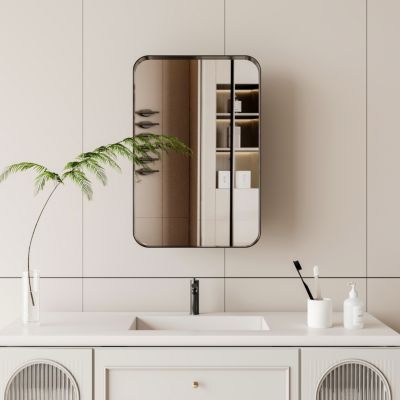 Recessed Black Metal Medicine Cabinet with Mirror and Shelves