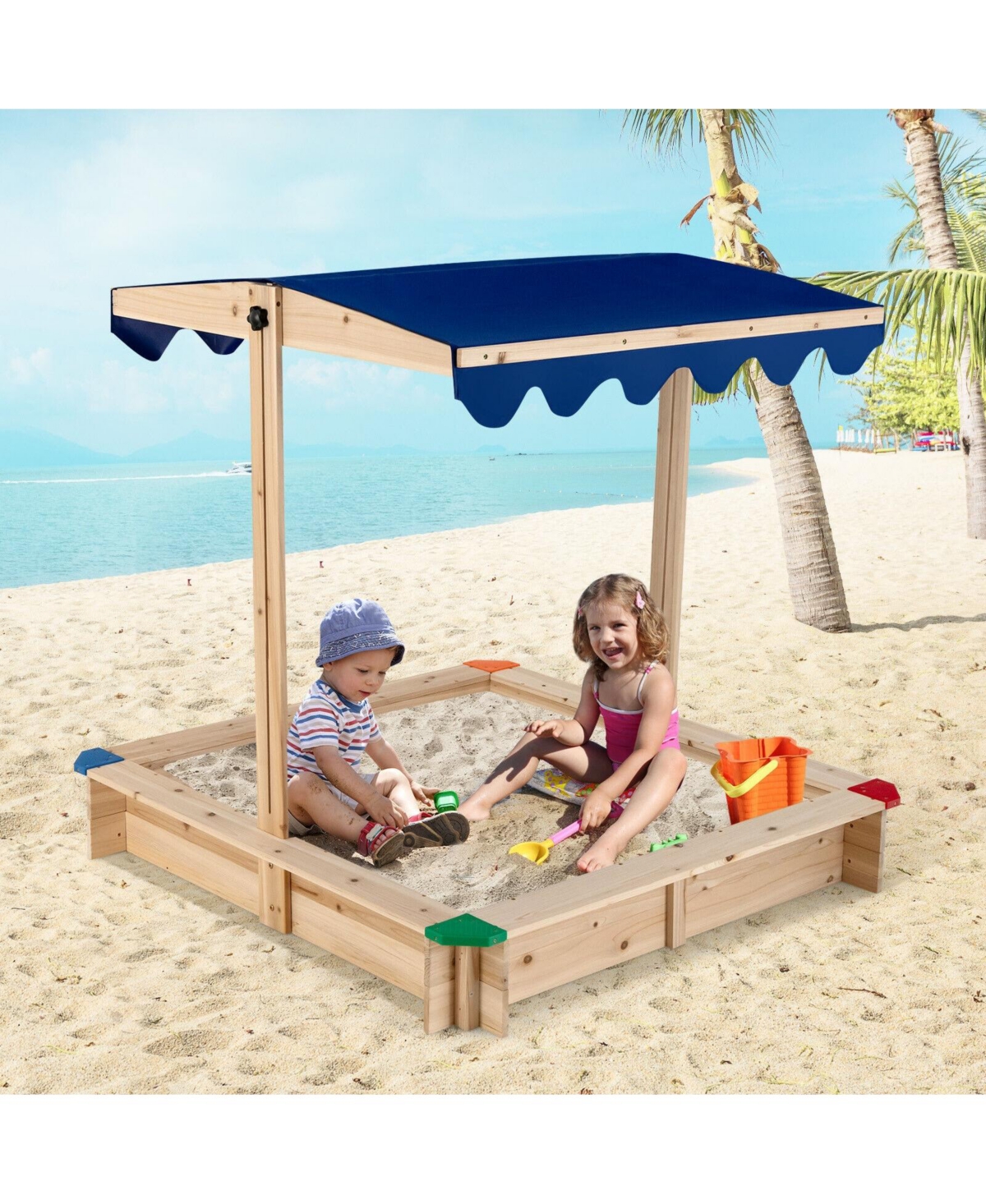 Slickblue Kids Wooden Sandbox with Height Adjustable and Rotatable Canopy Outdoor Playset - Blue