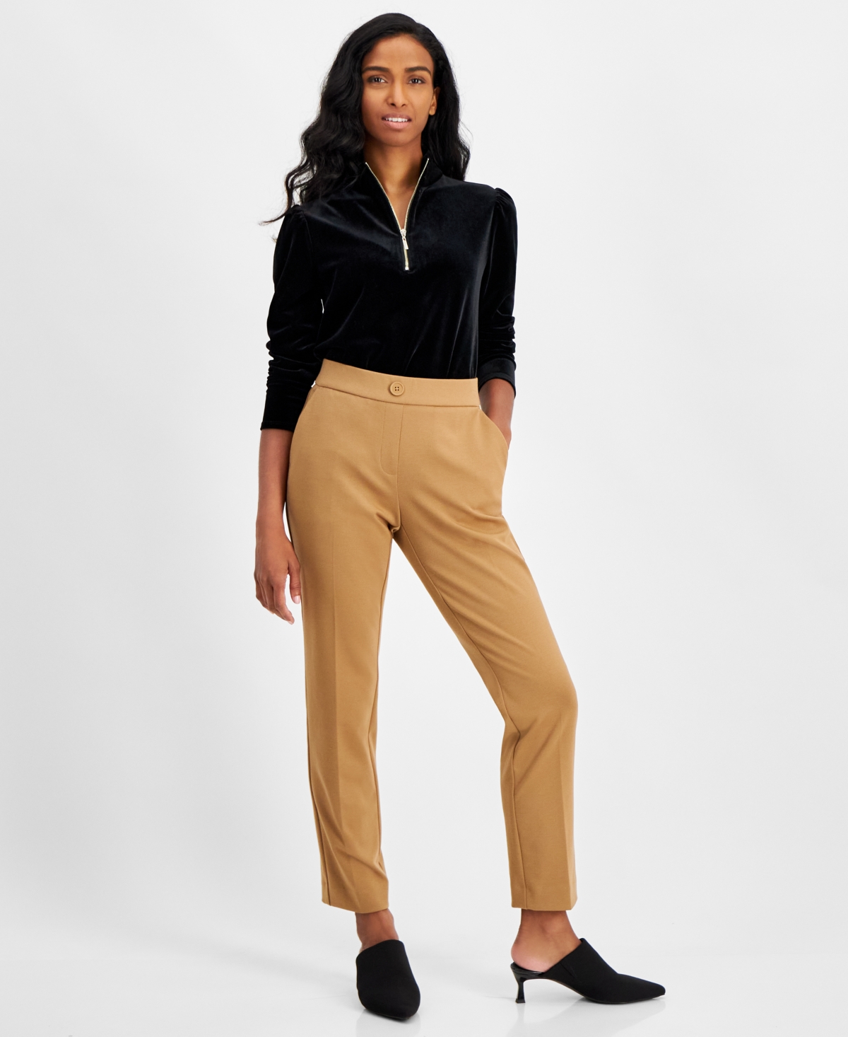 Ak Anne Klein Petite Mid rise Pull on Straight leg Pants In Vicuna ModeSens
