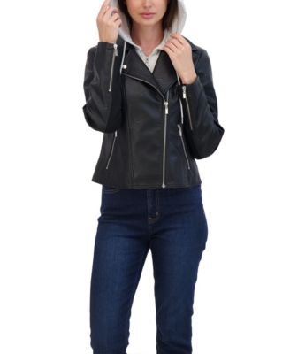 Women's Faux Leather Biker Jacket With Removeable Hood Bib